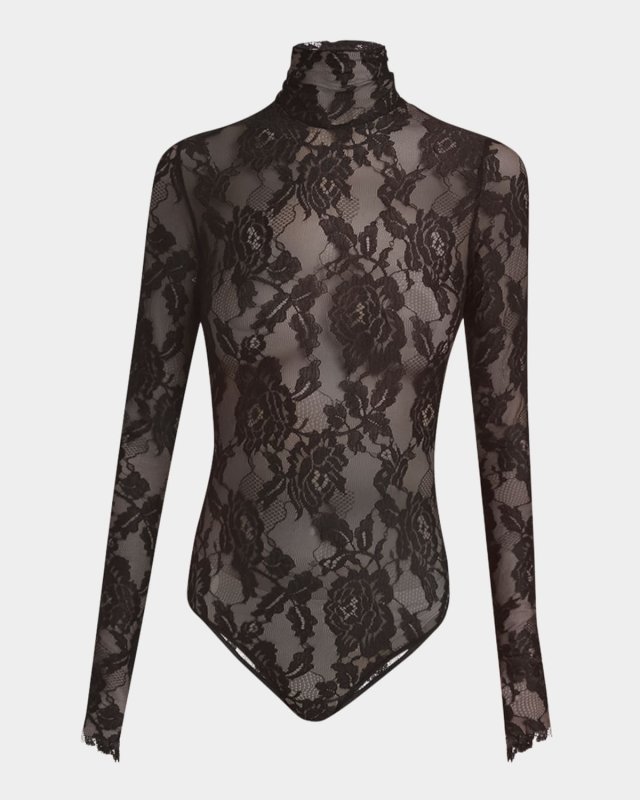 Turtleneck Long-Sleeve Lace Bodysuit
